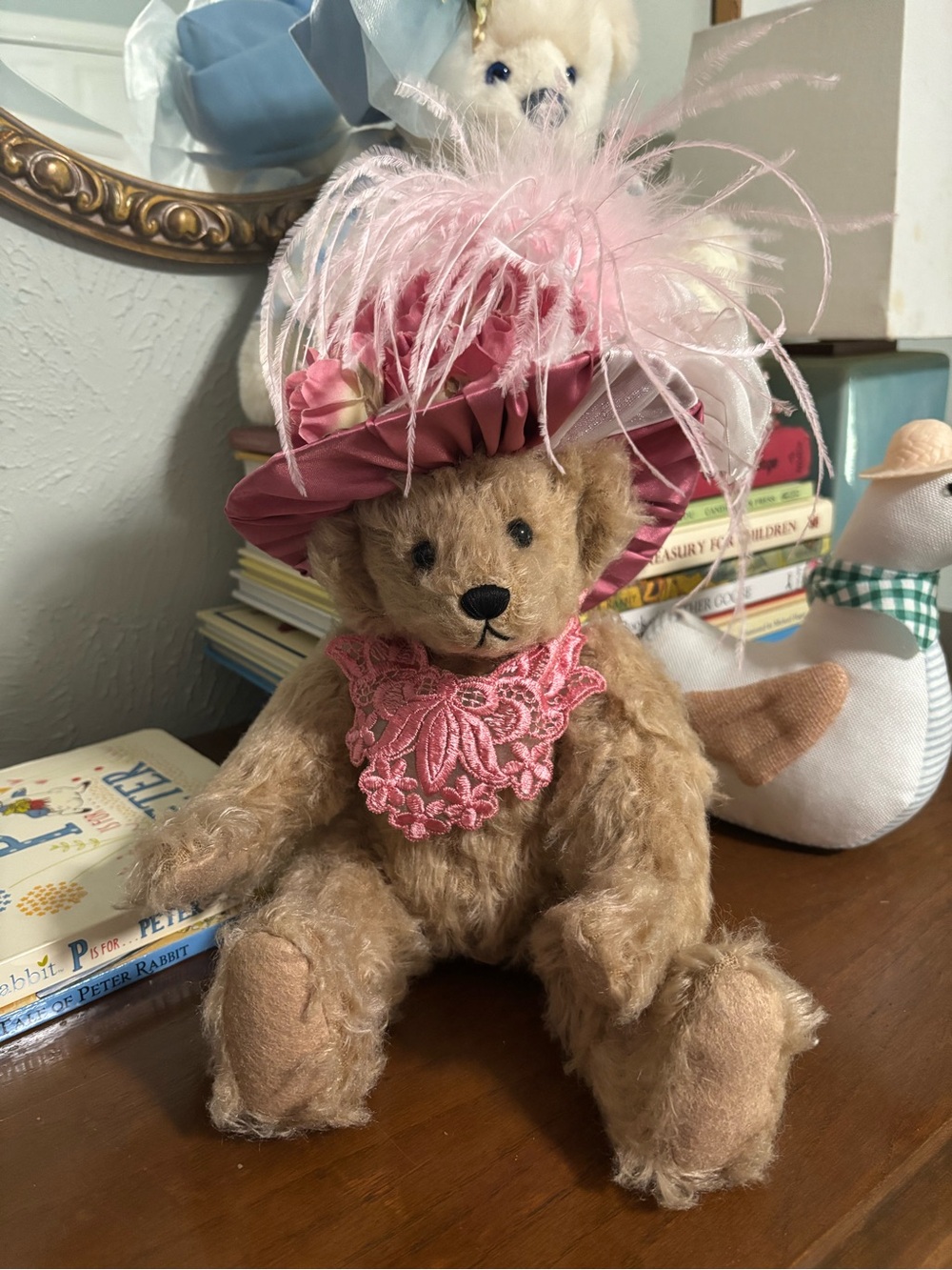 Vintage Artist Teddy Bear – Numbered – Pink Feather Hat – Collectible